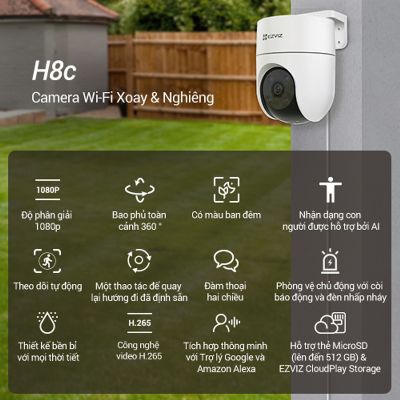 Camera Wi-fi EZVIZ H8C 2MP Ngoài Trời, Quay Quét 360 Độ, Đàm Thoại 2 Chiều, Ghi Hình Màu Ban Đêm